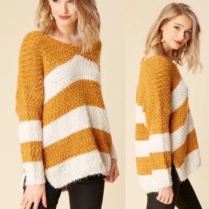 Altar’d State Mustard White Stripe Eyelash Sweater Small Medium